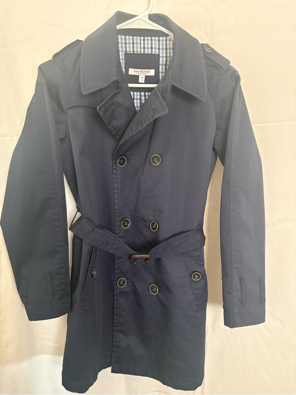 Isaac Mizrahi Navy Double-Breasted Trench Coat with Belt